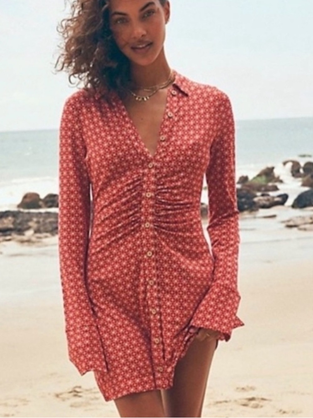 Free People Shayla Mini Dress Collar Button Up Ruched - Picture 1 of 10